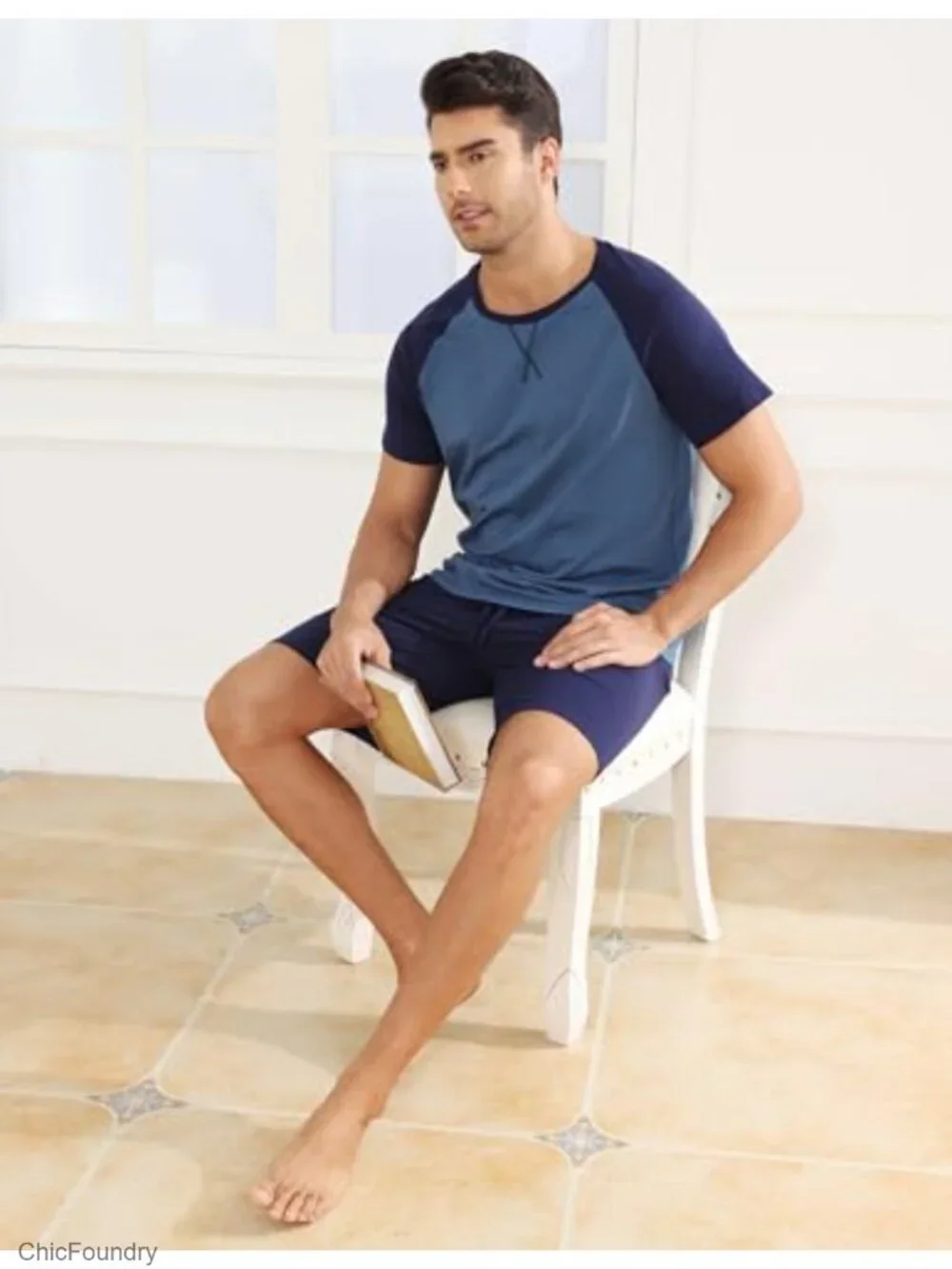 Men's Cotton Pajama Set Short Sleeve Shorts Lightweight Sleepwear Loungewear